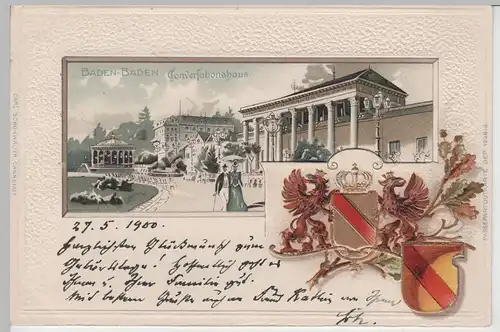 (72121) AK Baden-Baden, Konversationshaus, Prägekarte, Wappen 1900