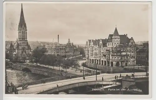 (79335) Foto AK Pforzheim, Auerbrücke, evang. Kirche 1929