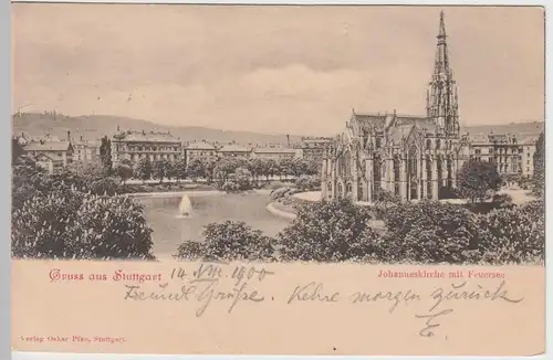 (59482) AK Gruss aus Stuttgart, Johanneskirche m. Feuersee, 1900