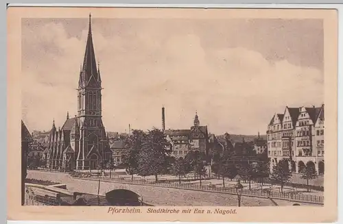 (59305) AK Pforzheim, Stadtkirche mit Enz und Nagold, 1910er