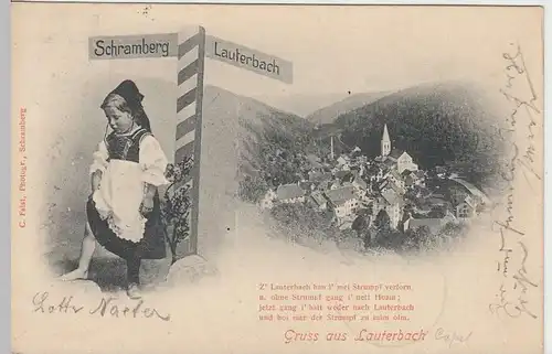 (34950) AK Gruss aus Lauterbach, Kind m. Wegweiser Schramberg, 1903