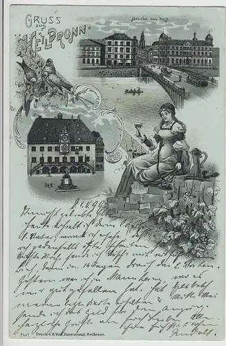 (115319) AK Gruss aus Heilbronn, Mehrbild Litho Mondscheinkarte 1899