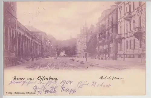 (115072) AK Gruss aus Offenburg, Bahnhofstraße 1900