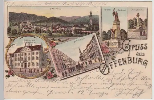 (115070) AK Gruss aus Offenburg, Bahnhofstraße, Denkmal, Litho 1899