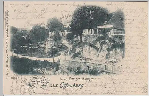 (115060) AK Gruss aus Offenburg, Neue Zwinger-Anlagen, Kopf-Garten 1899