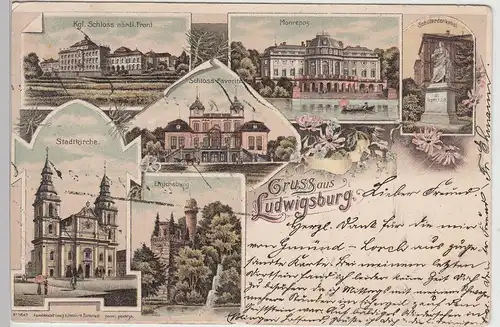 (113981) Künstler AK Gruß aus Ludwigsburg, Schillerdenkmal, Monrepos 1906