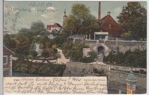 (113335) AK Offenburg, Zwinger Anlagen, Litfaßsäule, Kopf Garten 1903