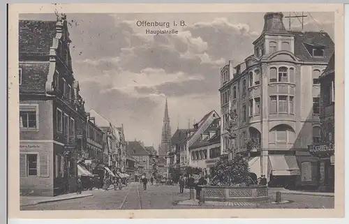 (113331) AK Offenburg, Hauptstraße, Neptunbrunnen, Einhorn Apotheke 1916
