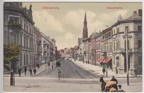 (113317) AK Offenburg, Straßenansicht, Kirche, Radfahrer 1908