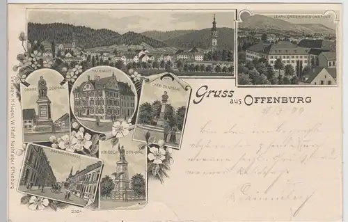 (113312) Künstler AK Gruß aus Offenburg, Kriegerdenkmal, Bahnpost 1899