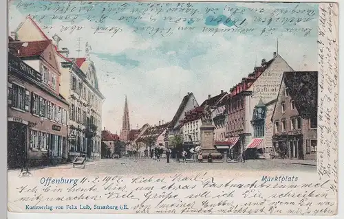 (113309) AK Offenburg, Markt, Hotel Zur Sonne, Drake Denkmal, Bahnpost 1902