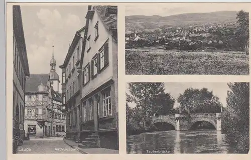 (113016) AK Lauda, Rathausstraße, Totale, Tauberbrücke 1920er
