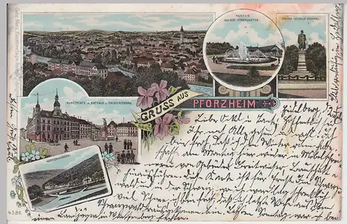 (111515) AK Gruß aus Pforzheim, Kupferhammer, Stadtgarten, Rathaus, Denkmal 1900