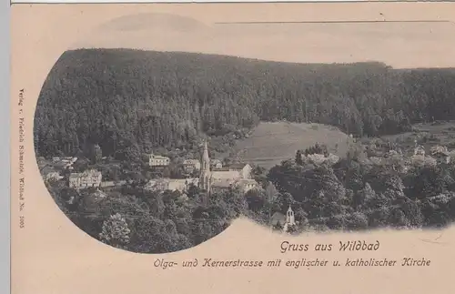 (109266) AK Gruß aus Wildbad, Schwarzwald, Olgastraße, Kernerstraße, Kirche 1902