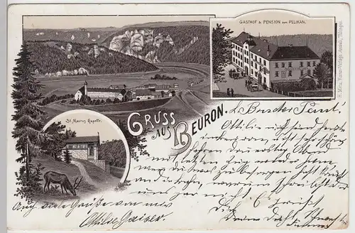 (105778) AK Gruss aus Beuron, Kapelle, Gasthof Zum Pelikan, Litho 1896