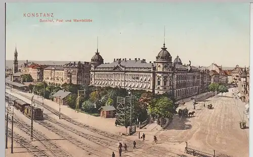 (100420) AK Konstanz, Bodensee, Bahnhof, Gleise, Post, Marktstätte, um 1908