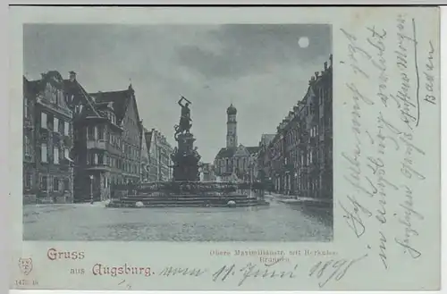 (28306) AK Gruß aus Augsburg, Herkulesbrunnen, Mondscheinkarte 1898