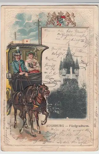 (105025) AK Augsburg, Fünfgradturm u. Postwagen, Prägekarte 1903