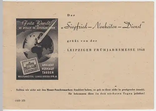 (31033) Postkarte Leipziger Messe 1948 v. Fritz Wendt & Co. Wolfenbüttel