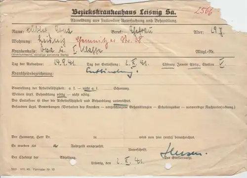 (D17) Abmeldungsschein Bez-Krankenhaus Leisnig 1941