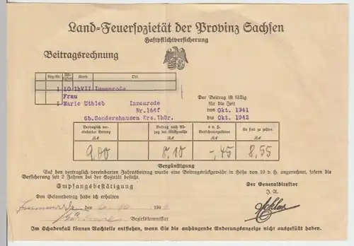 (D19) Beitragsrechnung Land-Feuersozietät der Provinz Sachsen 1942