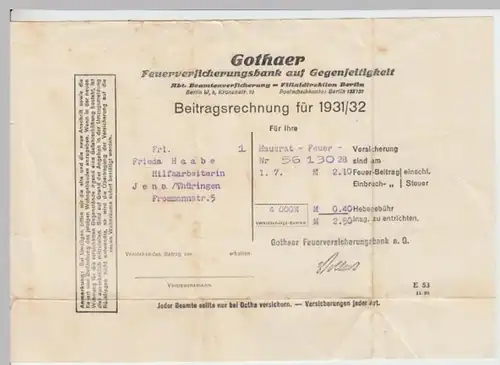 (D35) 6 St. Beitragsrechnung Hausrat 1931-40 an Frieda Haabe Jena, Gothaer Feuer