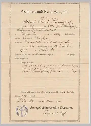 (D59) Geburts- und Taufzeugnis, Alfred P. Landgraf, Lößnitz i.S. 1910