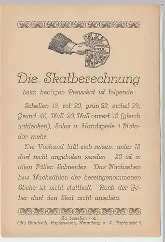 (D67) Werbeblatt "Die Skatberechnung" zu bez. Ü. Otto Blaubach, Naumburg