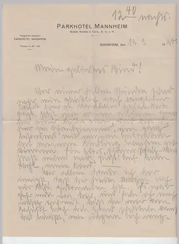 (D112) Firmenbriefbogen "Parkhotel Mannheim" 1920