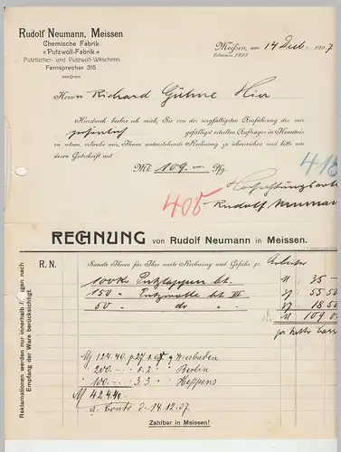 (D122) 8 Stück Rechnung Fa. Rudolf Neumann, Meissen 1900-07