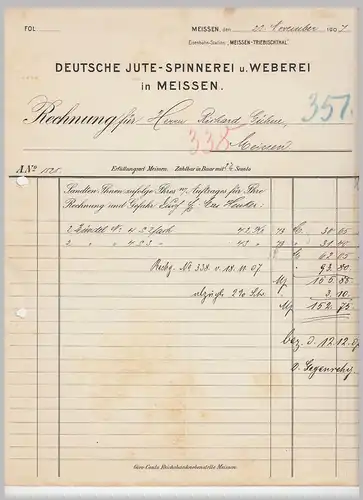 (D124) Rechnung Fa. Deutsche Jute-Spinnerei u. Weberei Meissen 1907