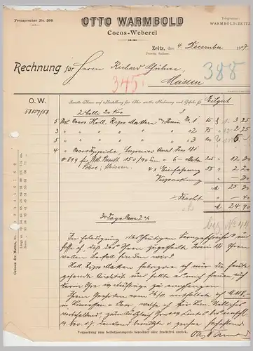 (D128) 2 Stück Rechnung Fa. Otto Warmbold, Cocos-Weberei, Zeitz 1907