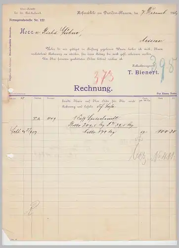 (D130) 2 Stück Rechnung Fa. T.Bienert, Hofmühle zu Dresden-Plauen, 1907