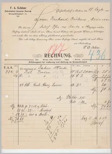 (D131) 2 Stück Rechnung Fa. F.A.Schöne, Großröhrsdorf (Sa.) 1907