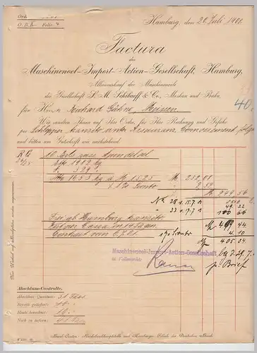 (D141) Rechnung Fa. Maschinenoel-Import A.G., Hamburg 1907