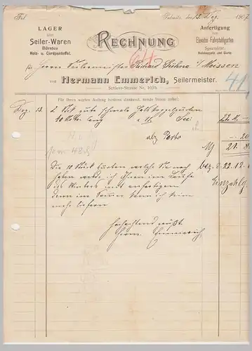 (D144) Rechnung Fa. Hermann Emmerich, Seiler-Waren, Pulsnitz 1907