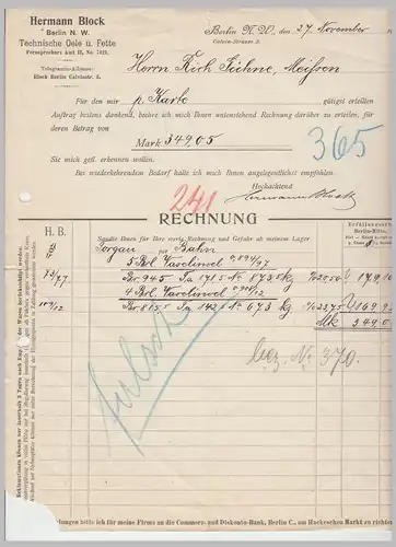 (D147) 2 Stück Rechnung Fa. Hermann Block, Techn. Oele, Berlin 1907