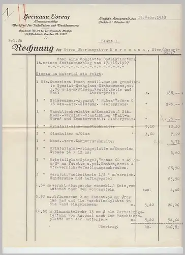 (D155) 6 Stück Rechnung Fa. Hermann Lorenz, Klempner, Klotzsche 1928