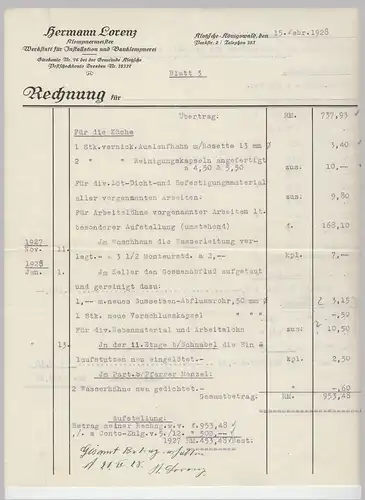 (D155) 6 Stück Rechnung Fa. Hermann Lorenz, Klempner, Klotzsche 1928