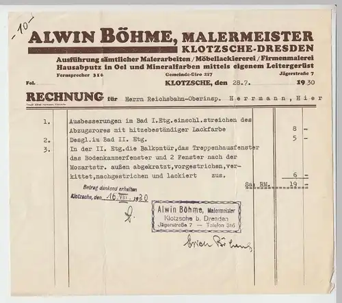 (D156) 3 Stück Rechnung Fa. Alwin Böhme, Malermeister, Klotzsche 1929-31