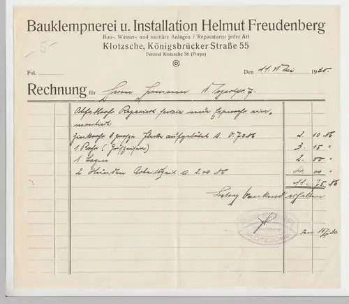 (D161) Rechnung Fa. Helmut Freudenberg, Klempner, Klotzsche, 1930
