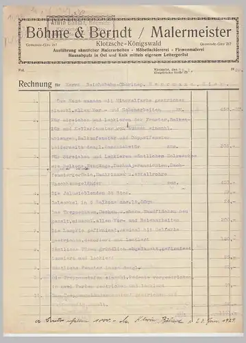 (D163) Rechnung Fa. Böhme & Berndt, Malermeister, Klotzsche-Königswald 1929