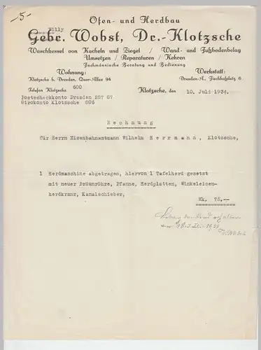 (D172) Rechnung Fa. Willy Wobst, Ofenbau, Dresden-Klotzsche 1934