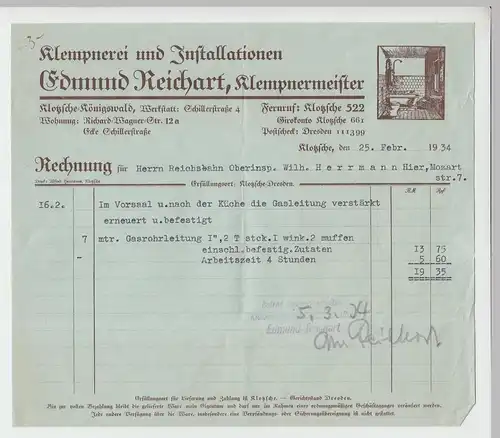 (D174) Rechnung Fa. Edmund Reichart, Klempner, Klotzsche-Königswald 1934