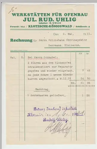 (D175) Rechnung Fa. Jul. Rud. Uhlig, Ofenbau, Klotzsche-Königswald 1931