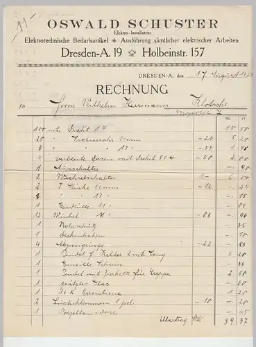 (D180) Rechnung Fa. Oswald Schuster, Elektroinstallateur, Dresden 1925