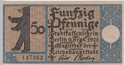 (D221) Notgeld der Stadt Berlin 1921, 50 Pf., Bezirk 2 Tiergarten