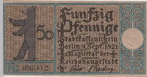 (D233) Notgeld der Stadt Berlin 1921, 50 Pf., Bezirk 9 Wilmersdorf