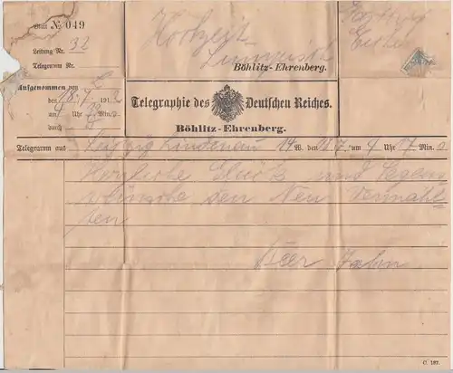 (D308) Telegramm Böhlitz-Ehrenberg 1912