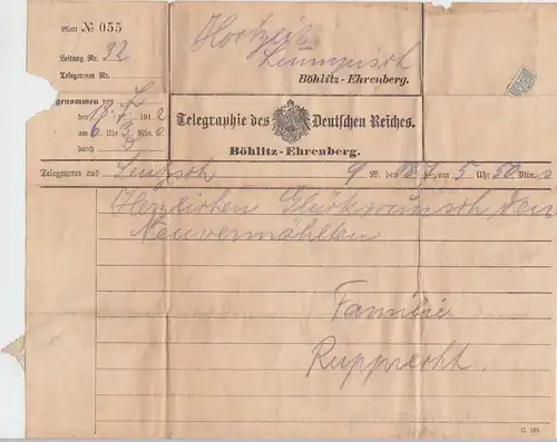 (D313) Telegramm Böhlitz-Ehrenberg 1912